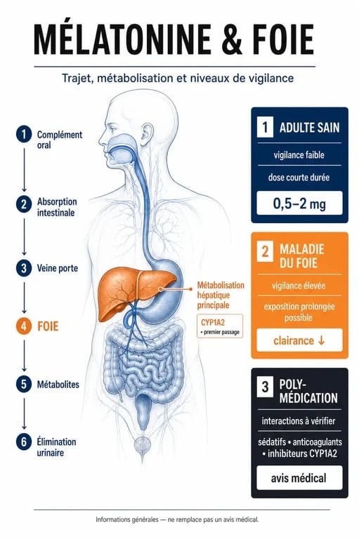 Infographie sur la mélatonine danger foie avec métabolisation hépatique et niveaux de risque