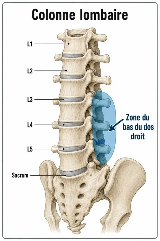 Schéma anatomique de la zone lombaire pour comprendre une douleur au bas du dos droit