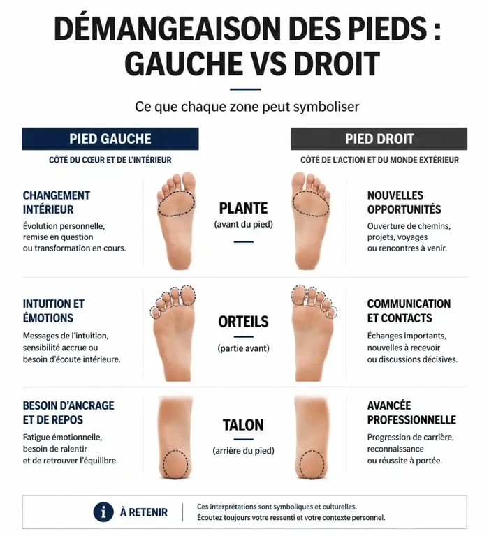 Infographie des significations symboliques d'un pied gauche qui gratte par rapport au pied droit