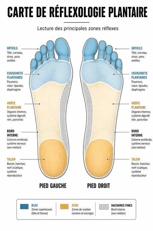 Carte de réflexologie du pied avec zones réflexes du pied gauche et du pied droit