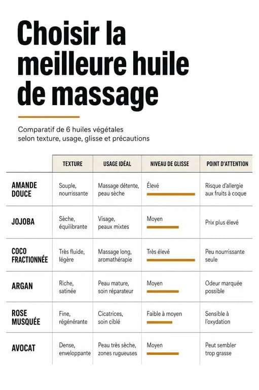 Infographie sur la meilleure huile de massage selon le type de peau et l’usage