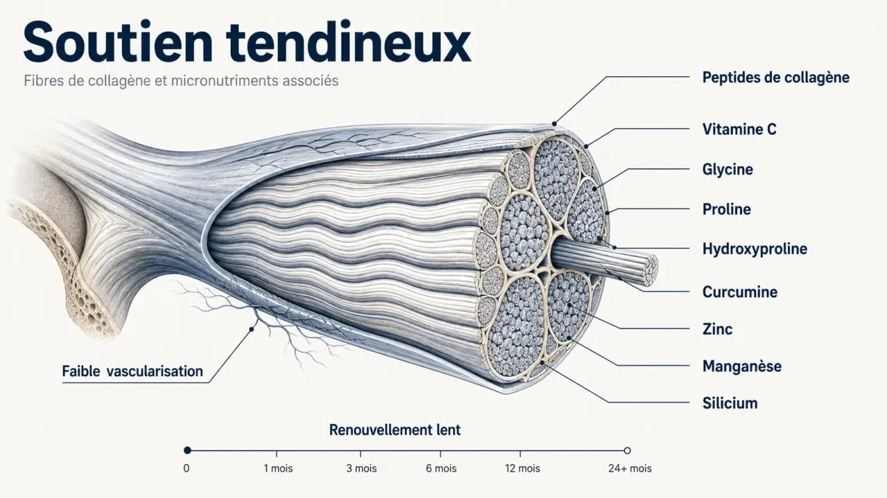 Complément alimentaire pour renforcer les tendons : schéma éditorial des tendons, du collagène et des actifs clés