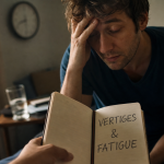 Fatigue vertige : personne pâle au bord du lit, carnet VERTIGES & FATIGUE