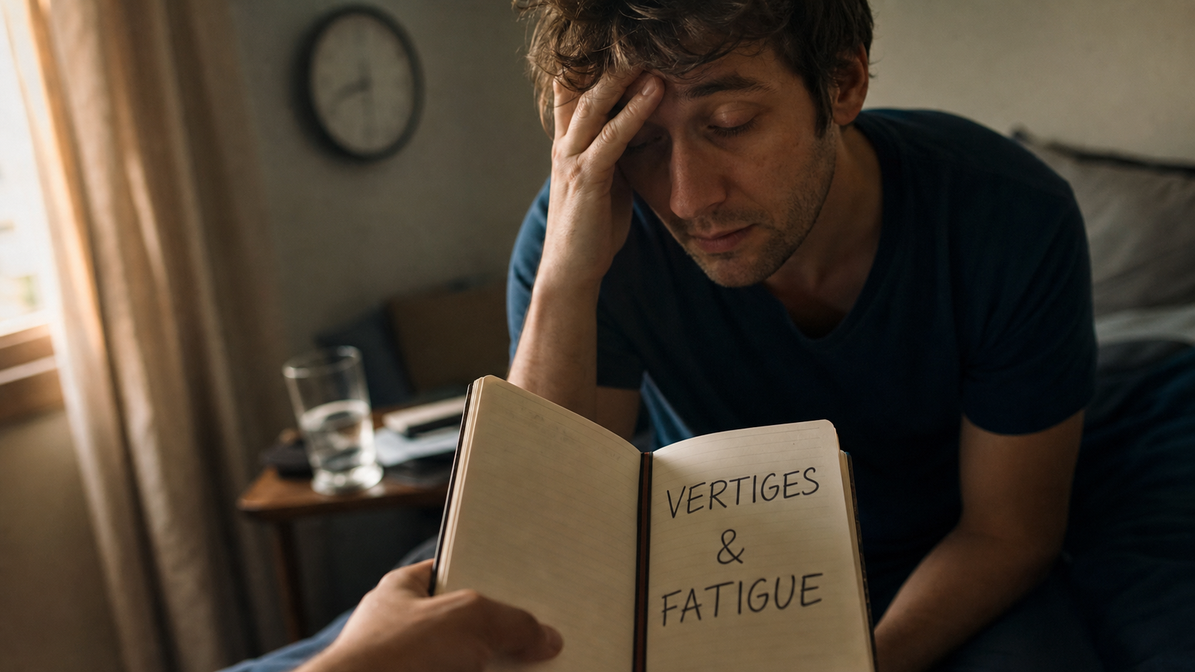 Fatigue vertige : personne pâle au bord du lit, carnet VERTIGES & FATIGUE