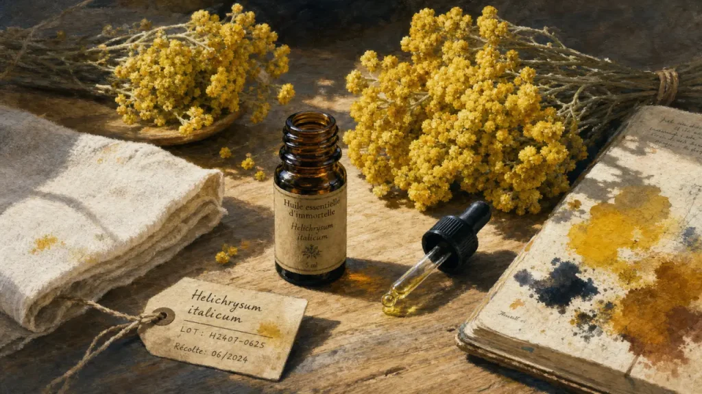 Immortelle huile essentielle : flacon ambré et fleurs d’hélichryse italienne