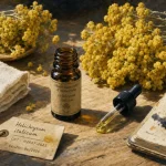 Immortelle huile essentielle : flacon ambré et fleurs d’hélichryse italienne