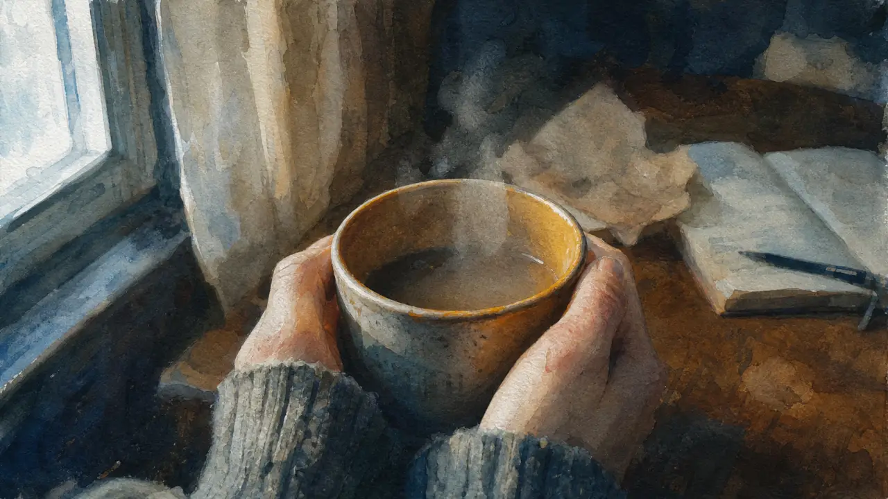 Mains froides signification spirituelle : mains pâles tenant une tasse fumante
