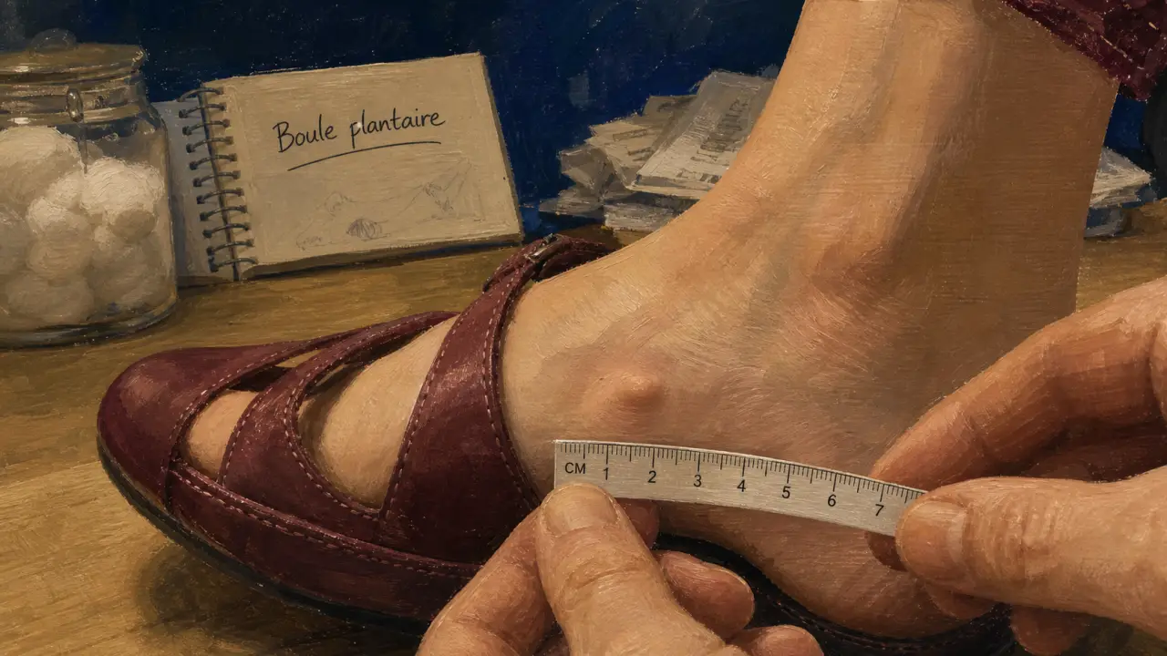 Petite boule sur le côté du pied : fibrome, kyste synovial ou durillon, vue près du pied