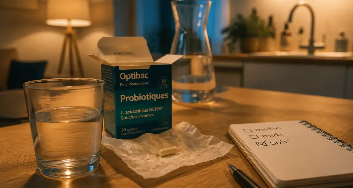 Pourquoi prendre probiotique le soir : gélule et eau tiède sur table