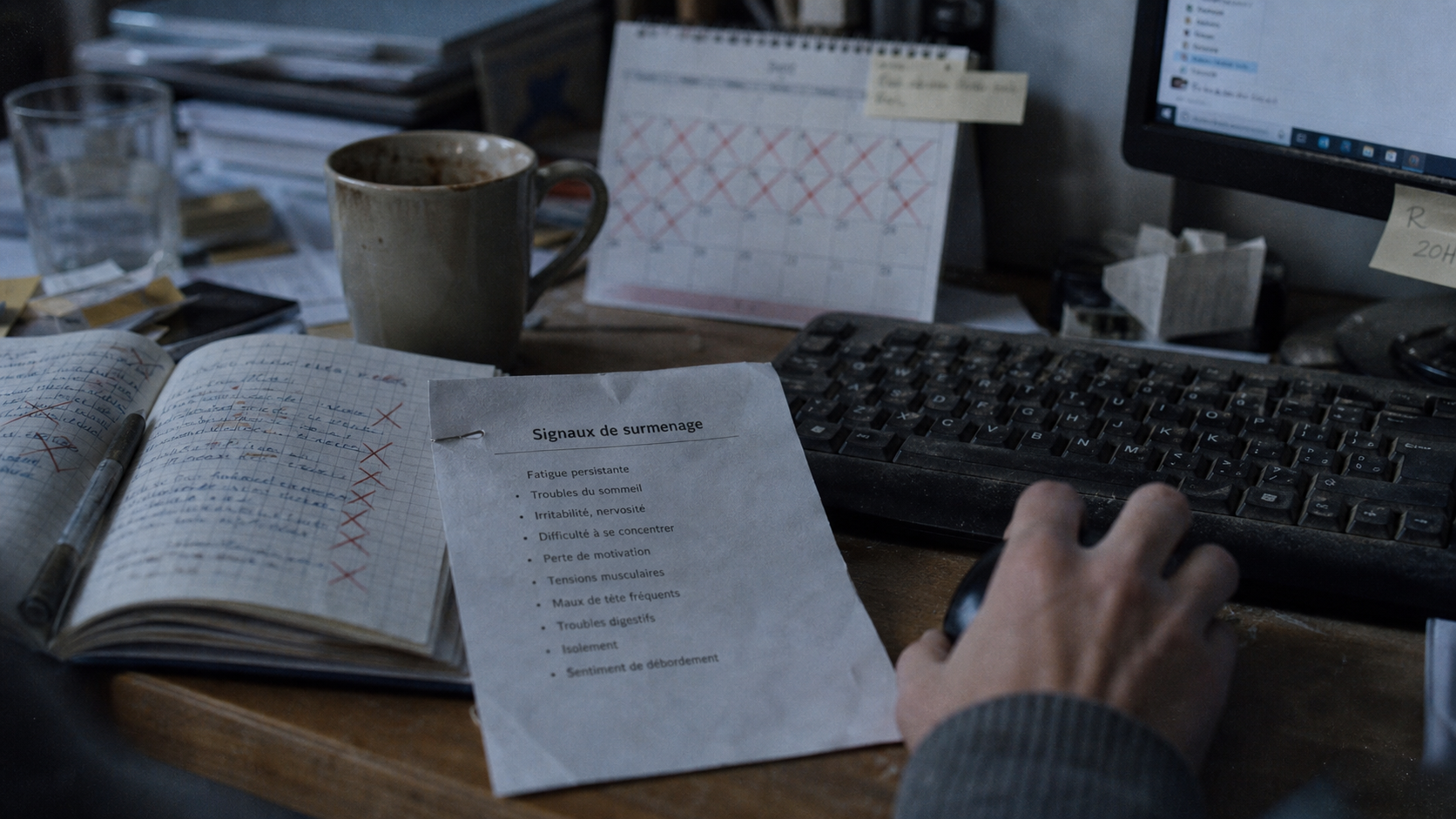 Surmenage symptôme : signes physiques et psychiques sur un bureau