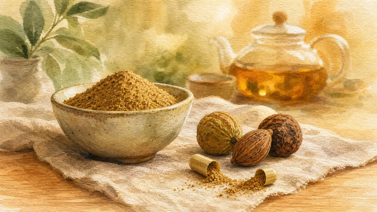 Triphala bienfaits digestifs : poudre brun doré, fruits secs et capsules