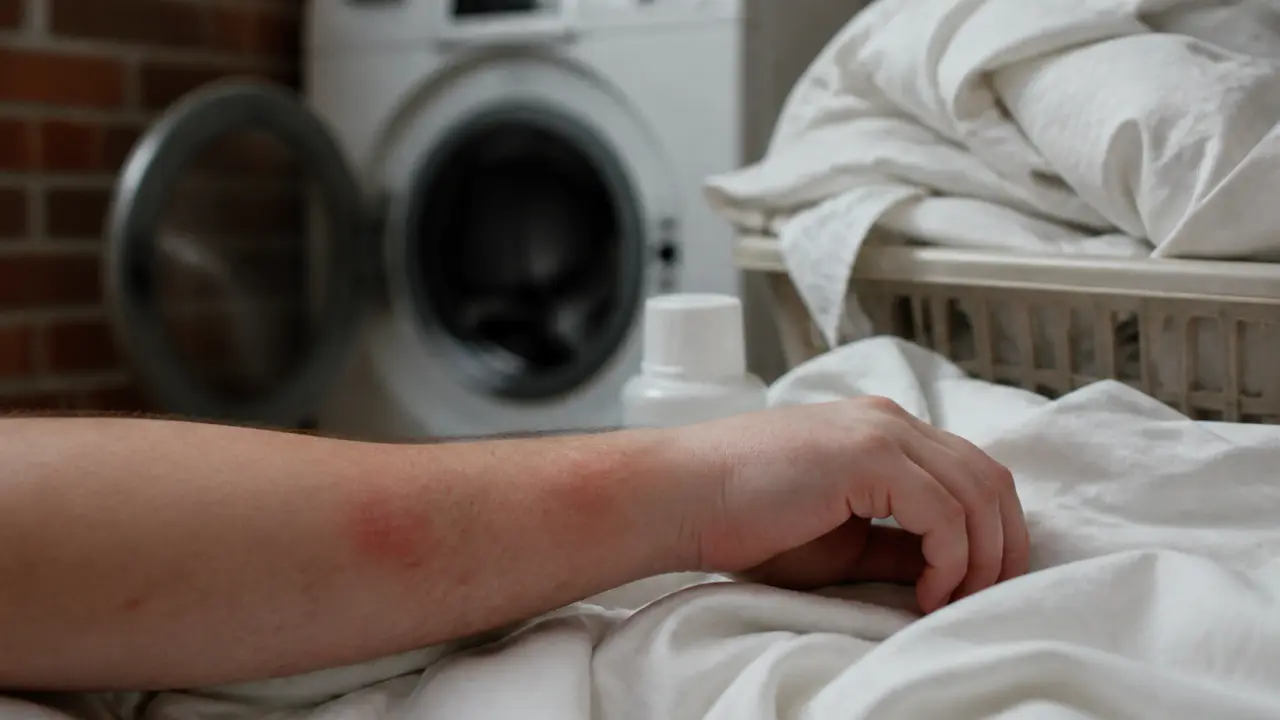 Bouton allergie lessive sur peau, plaques rouges près du linge lavé
