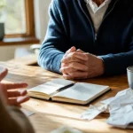 Écoute attentive : personne qui écoute, carnet et tasse, entretien en bureau lumineux