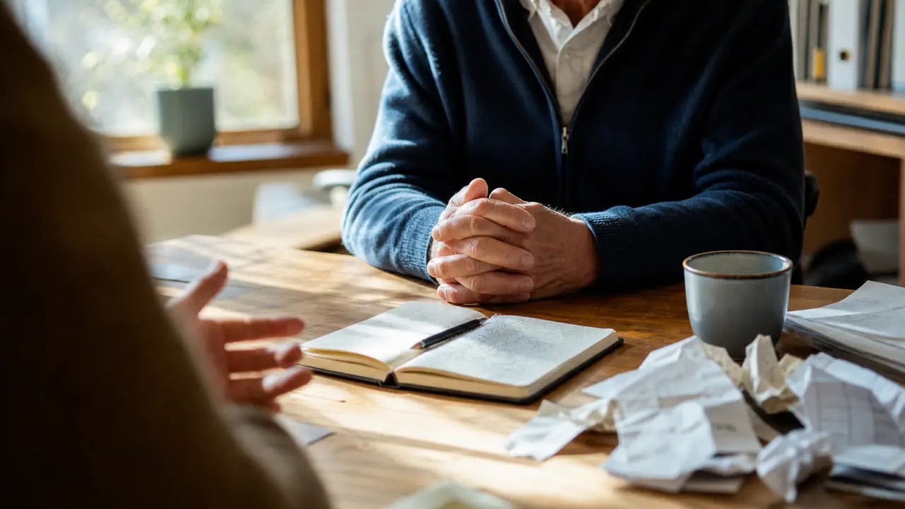 Écoute attentive : personne qui écoute, carnet et tasse, entretien en bureau lumineux