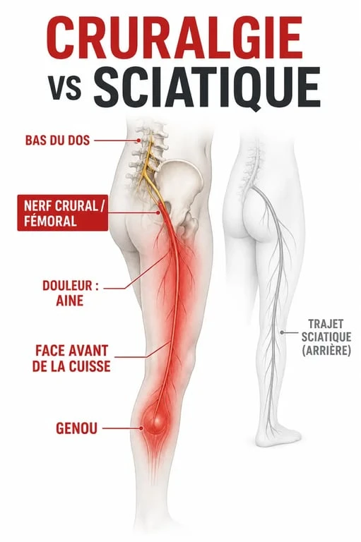 Schéma de cruralgie homeopathie montrant le trajet du nerf crural et les zones de douleur