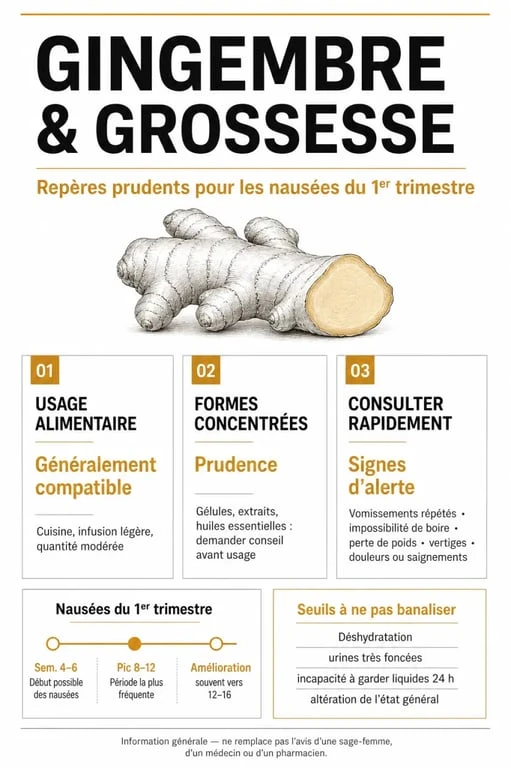 Gingembre et grossesse : synthèse visuelle sur les formes à privilégier, les précautions et les signes qui doivent faire consulter