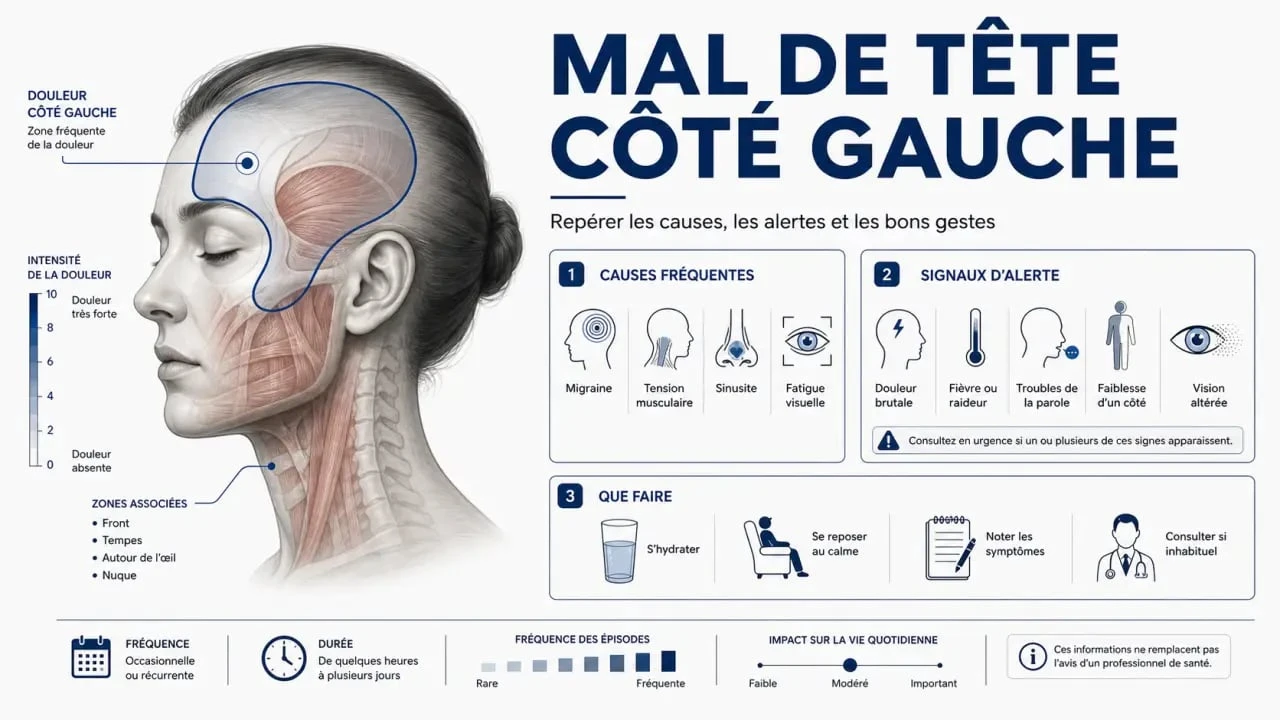 Infographie sur le mal de tête côté gauche signification avec causes fréquentes et signes d’alerte