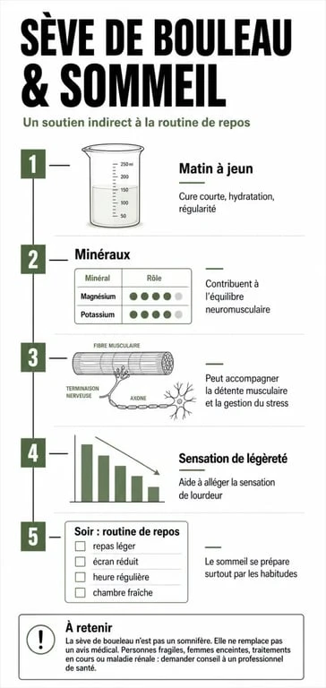 Infographie sur la sève de bouleau et sommeil : effets indirects sur la détente, le stress et la récupération