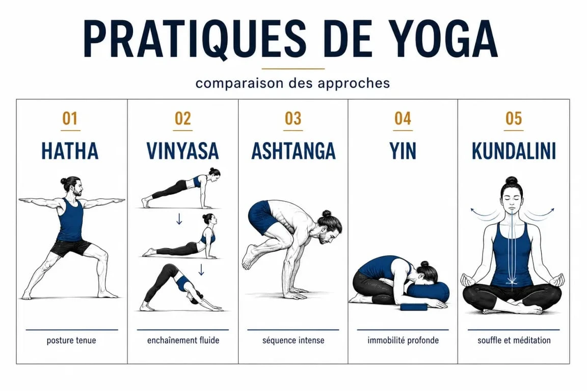 Les différents types de yoga comparés dans une illustration éditoriale