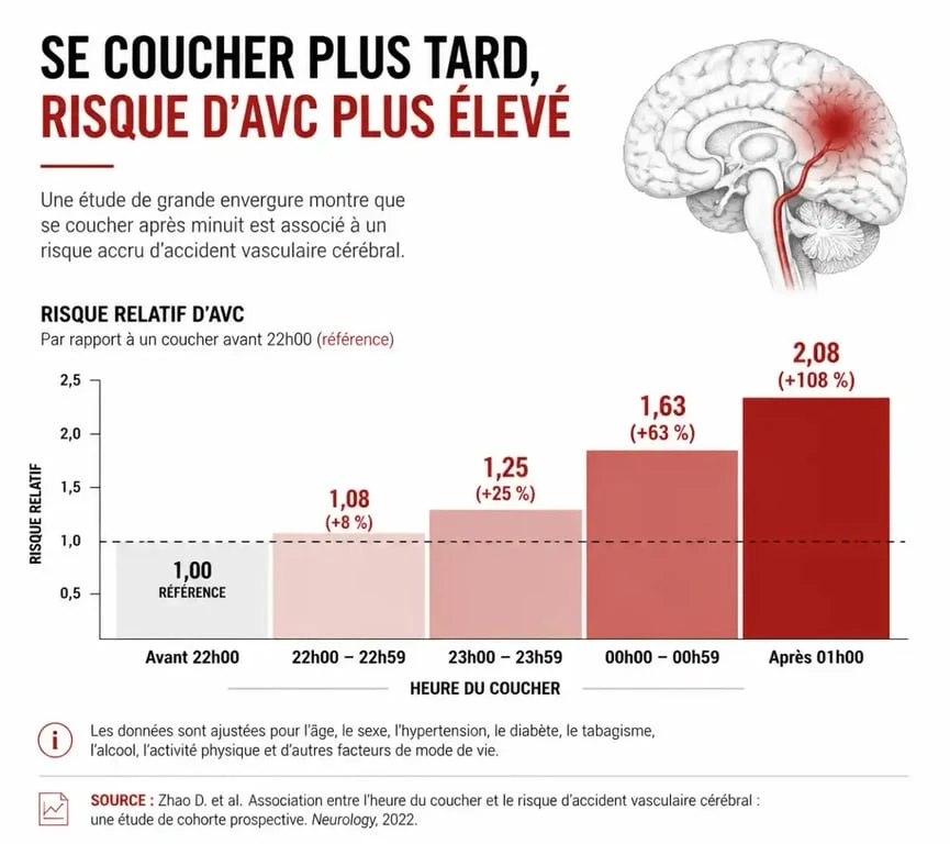 Graphique montrant le lien entre heure du coucher et risque d'AVC
