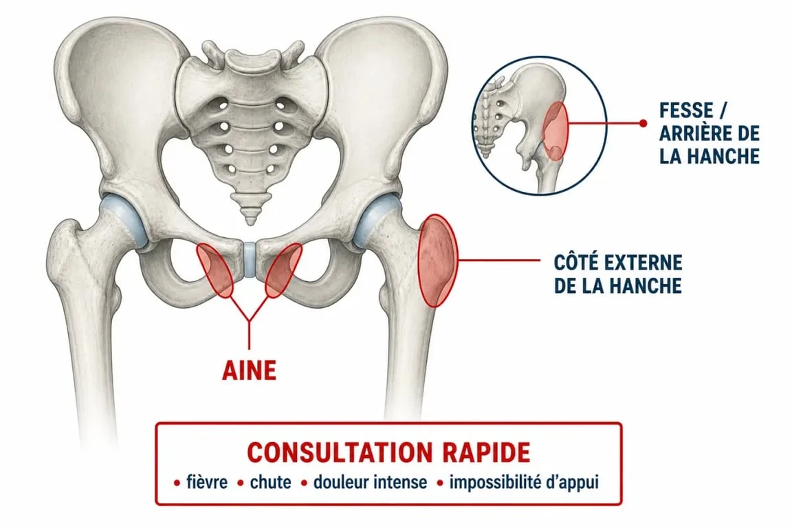 Douleur à la hanche : schéma des zones douloureuses et des signes d’alerte