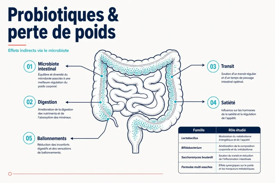 Infographie sur les probiotiques pour maigrir, microbiote intestinal, digestion et perte de poids
