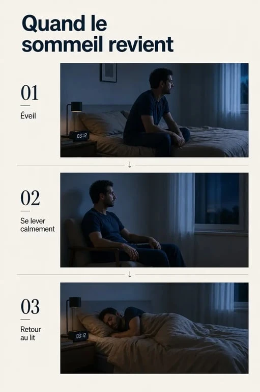 Comment faire pour dormir quand on y arrive pas : se lever calmement après 15 à 30 minutes puis retourner au lit quand la somnolence revient