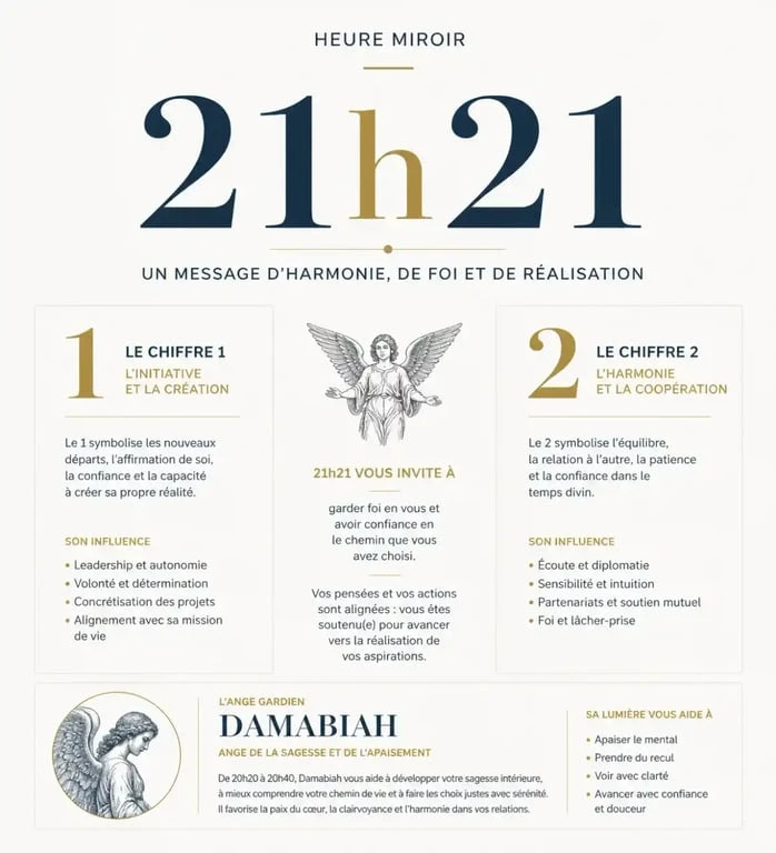 Signification de l'heure miroir 21h21 et influence de l'ange Damabiah