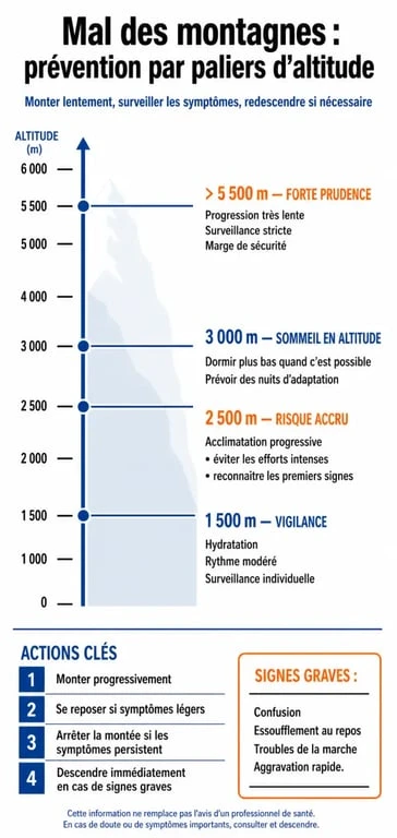 Infographie sur le mal des montagnes traitement préventif avec seuils d’altitude, symptômes à surveiller et actions à prendre