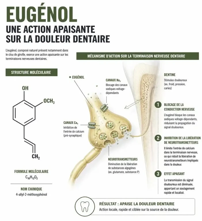 Infographie sur l'action de l'eugénol du clou de girofle contre les maux de dents