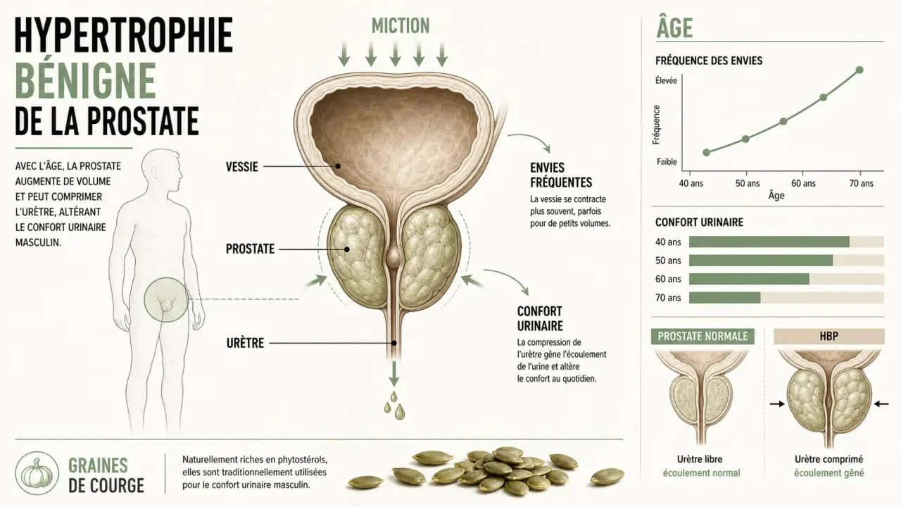Prostate et graines de courge : schéma éditorial sur le confort urinaire masculin
