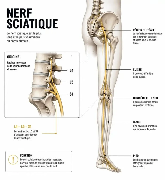 Schéma du trajet du nerf sciatique pour comprendre la douleur lors de la course avec une sciatique
