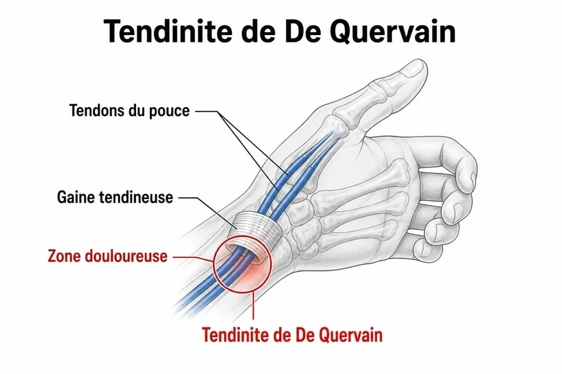 Schéma de l'inflammation du pouce montrant la zone douloureuse et les tendons au poignet
