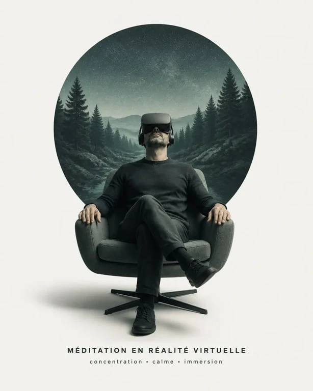 meditation in vr : personne en casque VR méditant dans un environnement virtuel apaisant