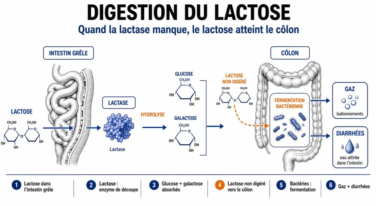 Intolérance au lactose symptome : schéma du lactose non digéré, de la fermentation dans le côlon et des symptômes digestifs