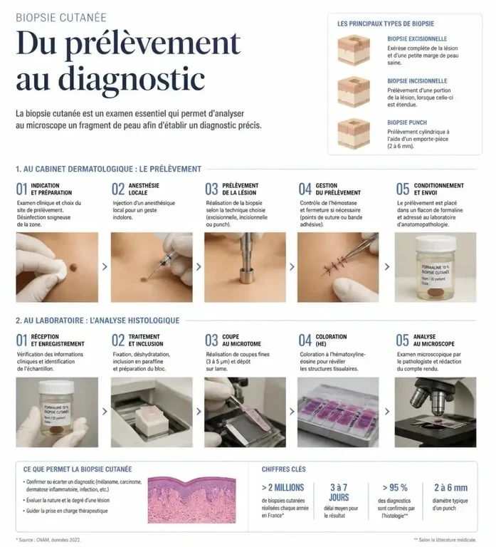 Schéma du processus de biopsie de la peau : du prélèvement dermatologique à l'analyse en laboratoire