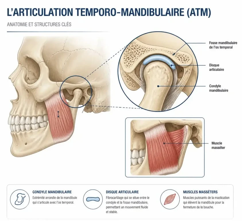Schéma anatomique de l'articulation temporo-mandibulaire pour comprendre l'origine d'une mâchoire douloureuse