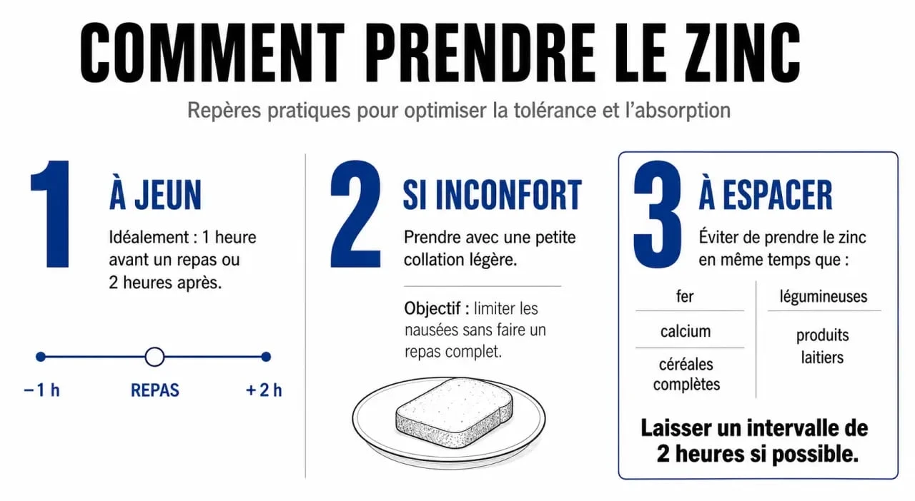 Comment prendre le zinc : schéma clair des prises à jeun, avec collation et des interactions alimentaires à éviter