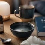 Rhume et huiles essentielles : eucalyptus radié, bol d’eau chaude et diffuseur