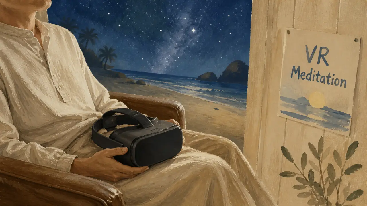 VR meditation : casque VR sur les genoux près d’une fenêtre