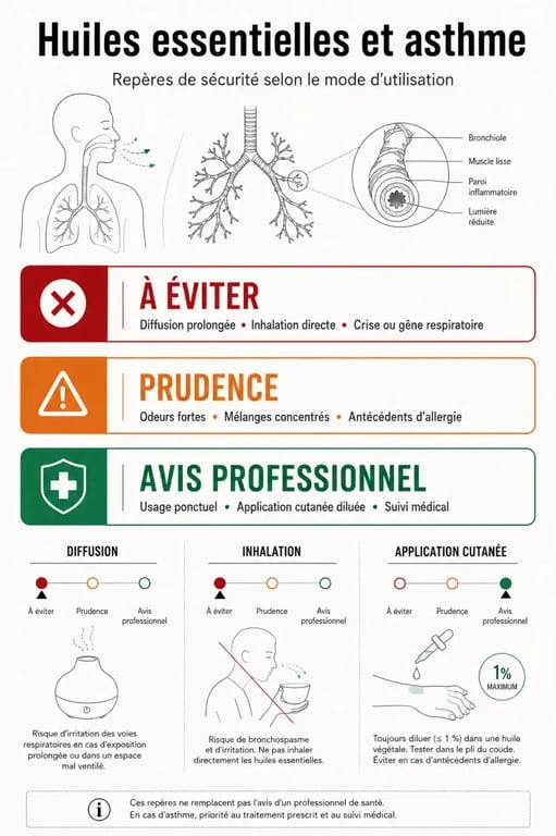 huiles essentielles asthme : repère visuel des huiles à éviter, à surveiller et à utiliser seulement avec avis professionnel