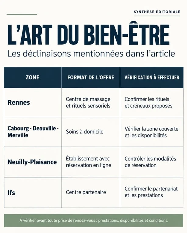 Infographie L'Art du Bien Être : centres, soins à domicile et réservation en ligne selon les villes