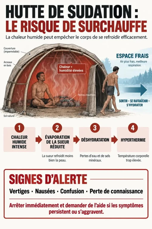 Infographie sur le danger d’une hutte de sudation, de la chaleur humide aux signes d’hyperthermie