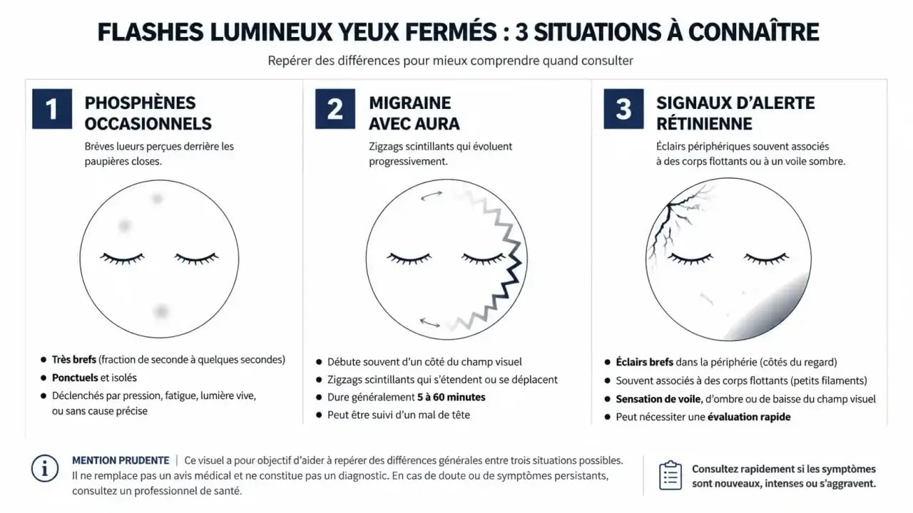 Flash lumineux yeux fermés spiritualité : différences entre phosphènes, migraine avec aura et signaux d’alerte rétinienne