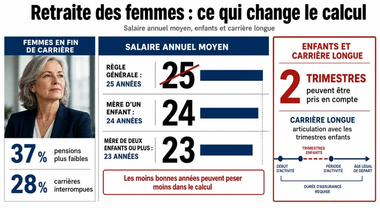 Retraite pour les femmes : schéma du calcul du SAM et des trimestres enfants
