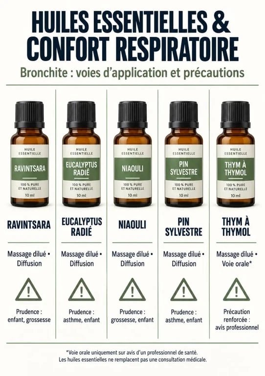 Comparatif des huiles essentielles pour bronchite avec voie d'application et précautions