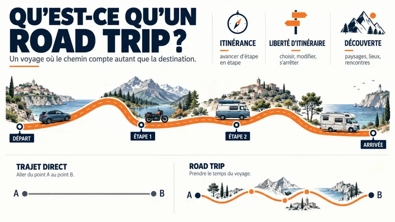 Qu’est-ce qu’un road trip : itinéraire à plusieurs étapes et différents véhicules