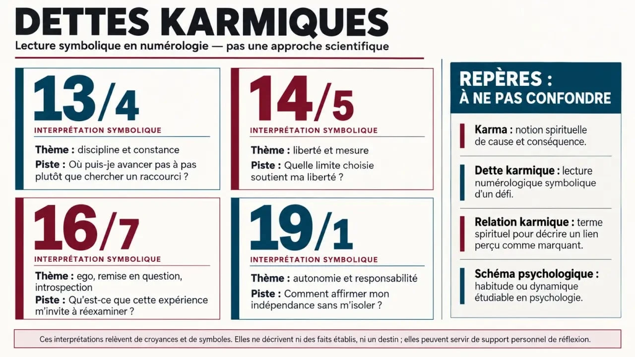 Infographie sur les dettes karmiques et les nombres 13, 14, 16 et 19