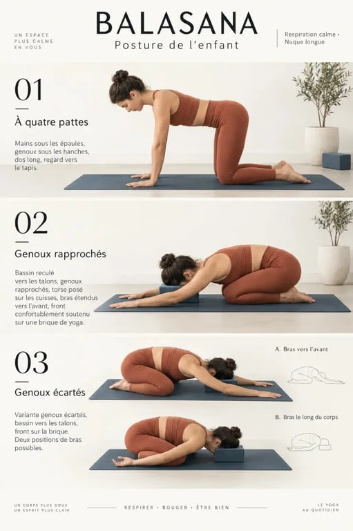 Illustration des étapes de la posture enfant Balasana avec variantes et supports