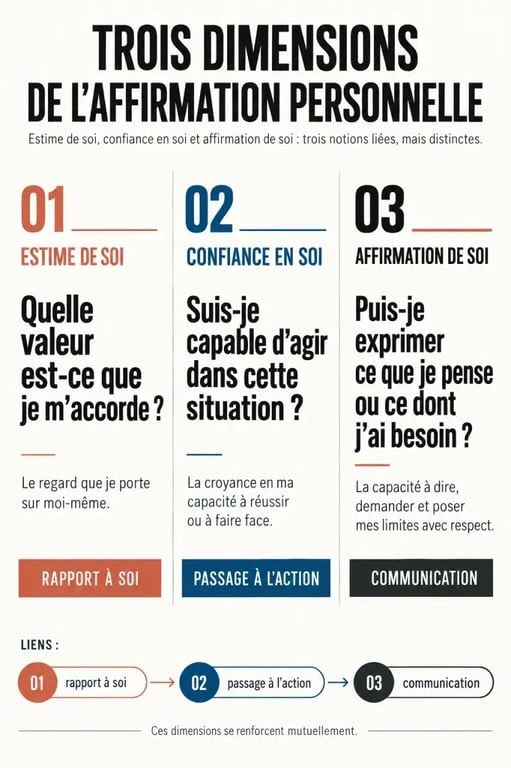 Infographie comparative sur l’estime de soi et la confiance en soi avec l’affirmation de soi